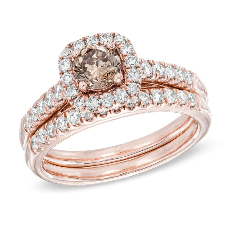 Main Image 1 of Previously Owned - 1-1/4 CT. T.W. Champagne and White Diamond Frame Bridal Set in 14K Rose Gold