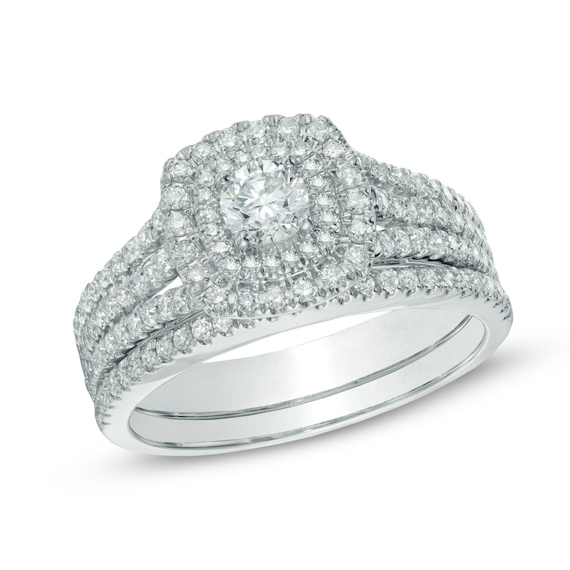 Main Image 1 of Previously Owned - 1 CT. T.W. Diamond Double Frame Bridal Set in 14K White Gold