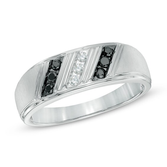 Previously Owned - 1/4 CT. T.w. Enhanced Black and White Diamond Slant Ring in Sterling Silver