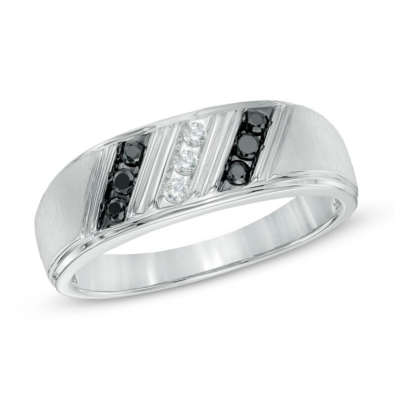 Main Image 1 of Previously Owned - Men's 1/4 CT. T.W. Enhanced Black and White Diamond Slant Ring in Sterling Silver