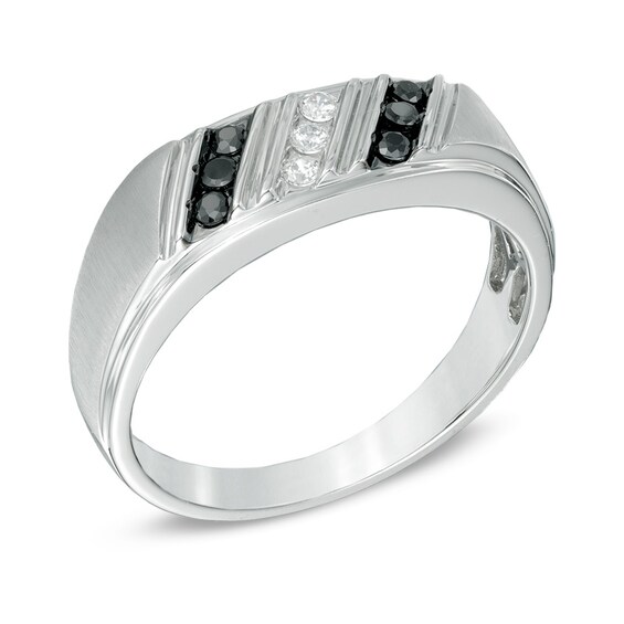 Previously Owned - 1/4 CT. T.w. Enhanced Black and White Diamond Slant Ring in Sterling Silver