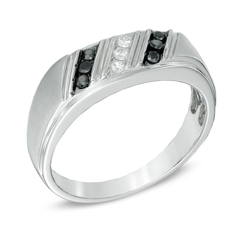 Main Image 2 of Previously Owned - Men's 1/4 CT. T.W. Enhanced Black and White Diamond Slant Ring in Sterling Silver