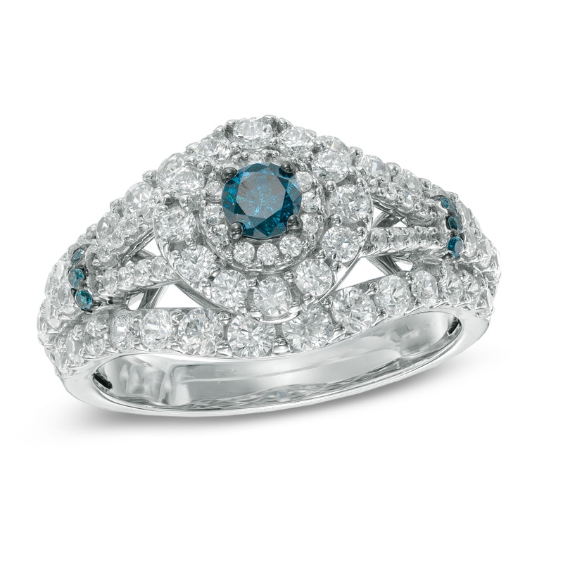 Main Image 1 of Previously Owned - 1-1/2 CT. T.W. Enhanced Blue and White Diamond Double Frame Engagement Ring in 10K White Gold