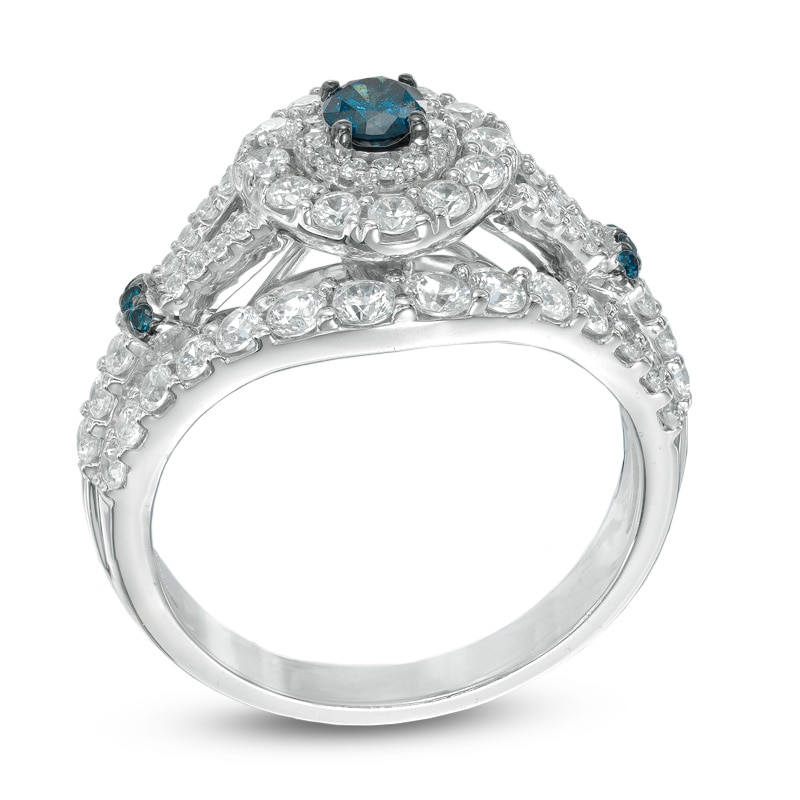 Main Image 2 of Previously Owned - 1-1/2 CT. T.W. Enhanced Blue and White Diamond Double Frame Engagement Ring in 10K White Gold