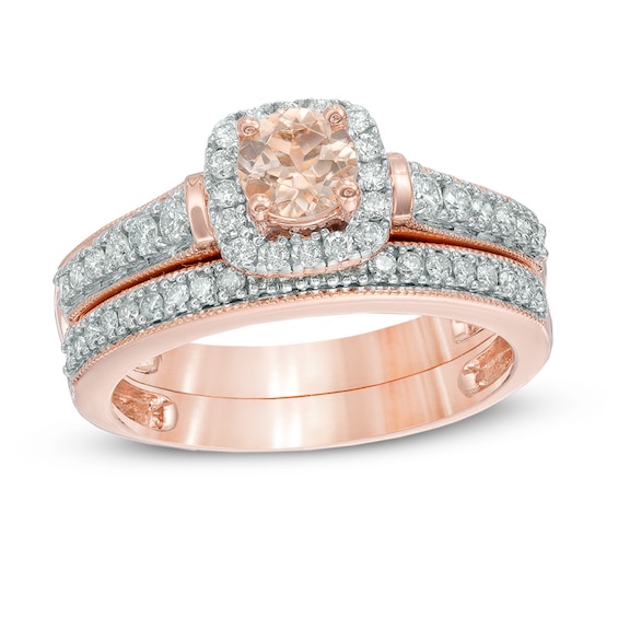 Previously Owned - 5.0mm Morganite and 3/4 CT. T.w. Diamond Bridal Set in 10K Rose Gold