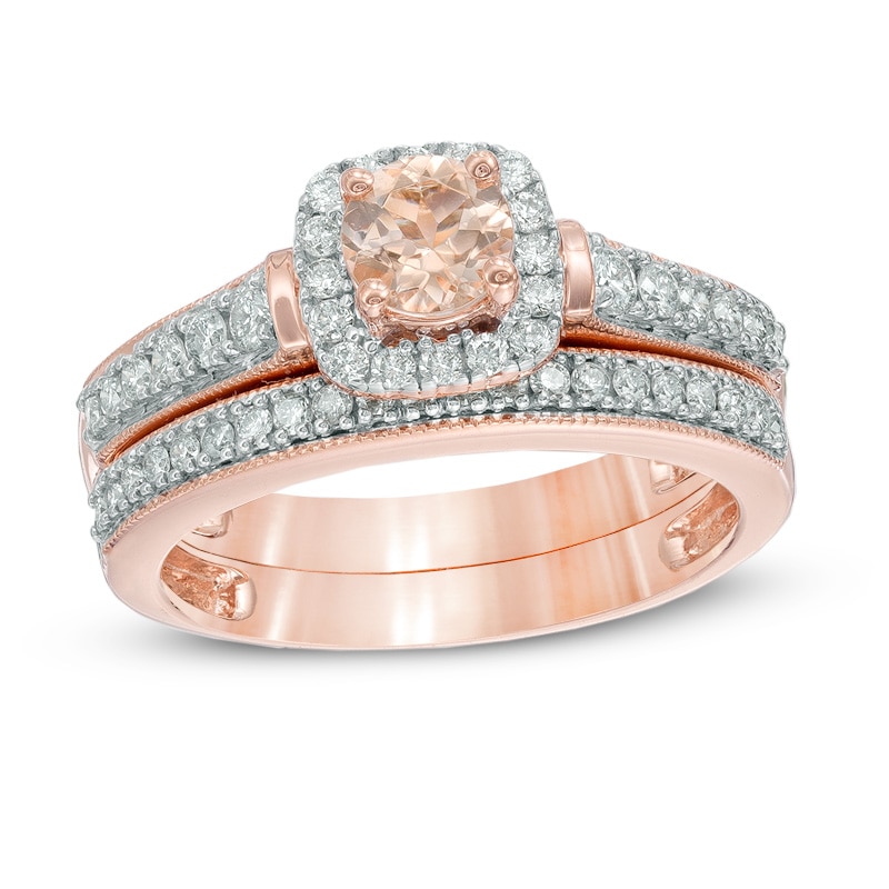 Main Image 1 of Previously Owned - 5.0mm Morganite and 3/4 CT. T.W. Diamond Bridal Set in 10K Rose Gold