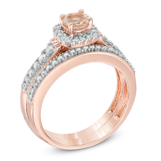 Previously Owned - 5.0mm Morganite and 3/4 CT. T.w. Diamond Bridal Set in 10K Rose Gold