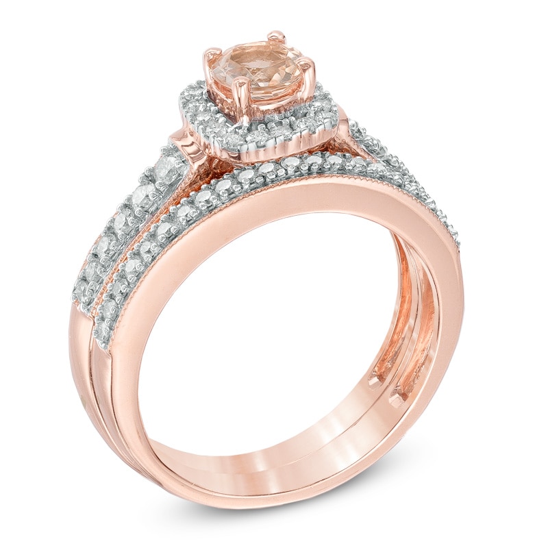 Main Image 2 of Previously Owned - 5.0mm Morganite and 3/4 CT. T.W. Diamond Bridal Set in 10K Rose Gold