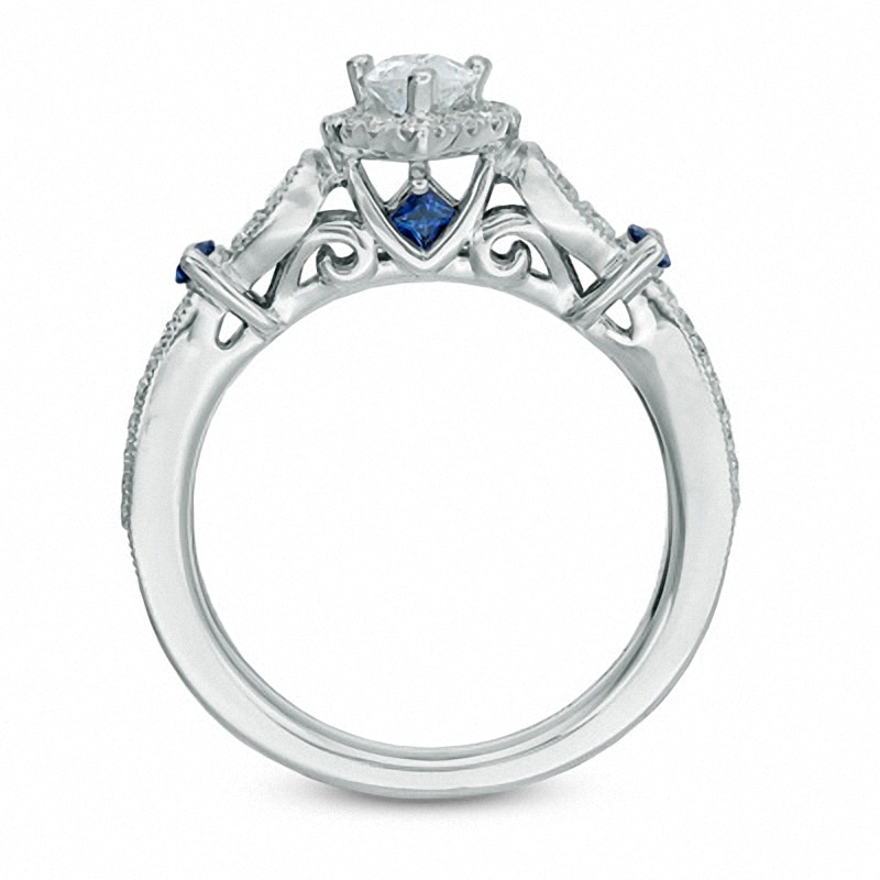 Main Image 3 of Previously Owned - Vera Wang Love Collection 5/8 CT. T.W. Pear-Shaped Diamond and Sapphire Ring in 14K White Gold