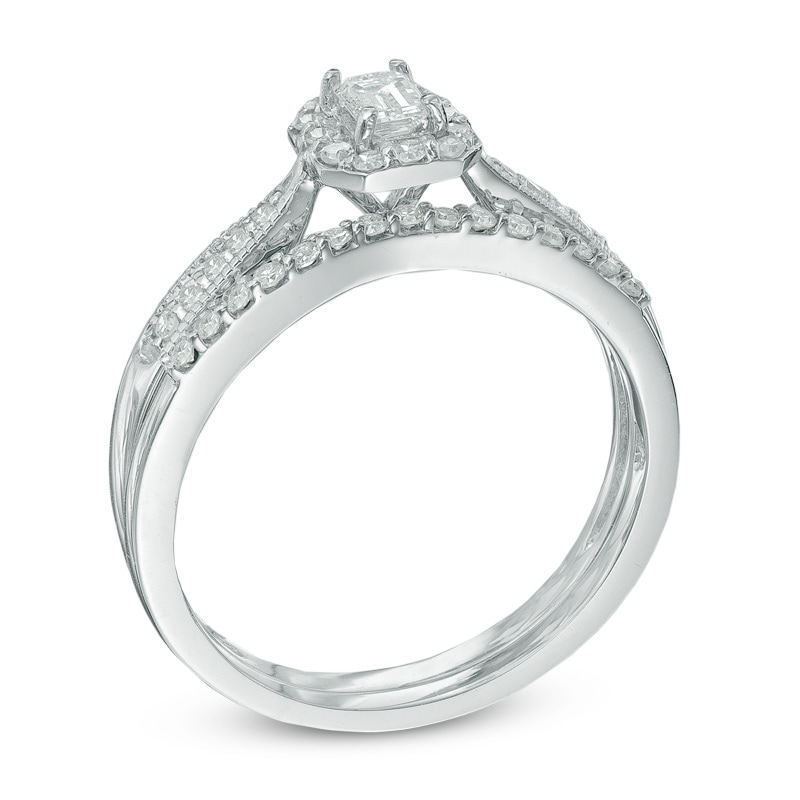 Main Image 2 of Previously Owned - 1/2 CT. T.W. Emerald-Cut Diamond Frame Bridal Set in 10K White Gold
