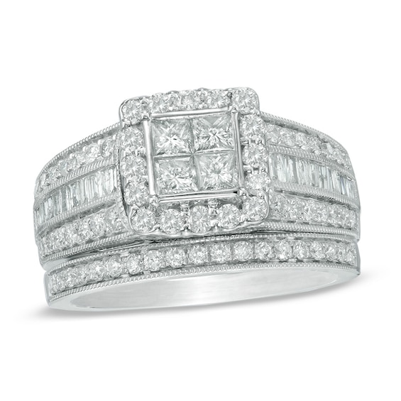 Previously Owned - 1-1/2 CT. T.w. Princess-Cut Quad Diamond Frame Bridal Set in 10K White Gold