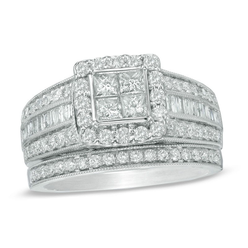 Main Image 1 of Previously Owned - 1-1/2 CT. T.W. Princess-Cut Quad Diamond Frame Bridal Set in 10K White Gold