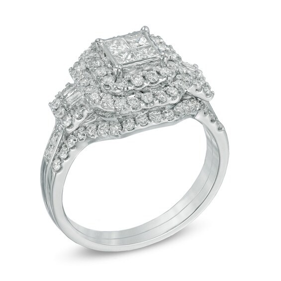 Previously Owned - 1-1/2 CT. T.w. Princess-Cut Quad Diamond Frame Bridal Set in 10K White Gold