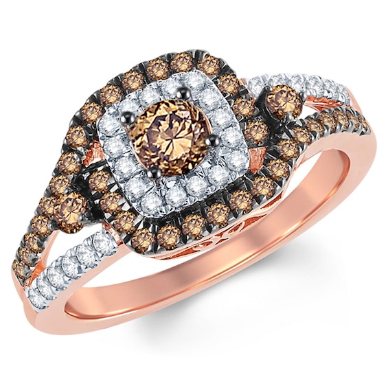 Previously Owned - 1 CT. T.w. Champagne and White Diamond Frame Split Shank Engagement Ring in 10K Rose Gold