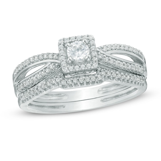 Previously Owned - 3/8 CT. T.w. Diamond Square Frame Bridal Set In 10K White Gold