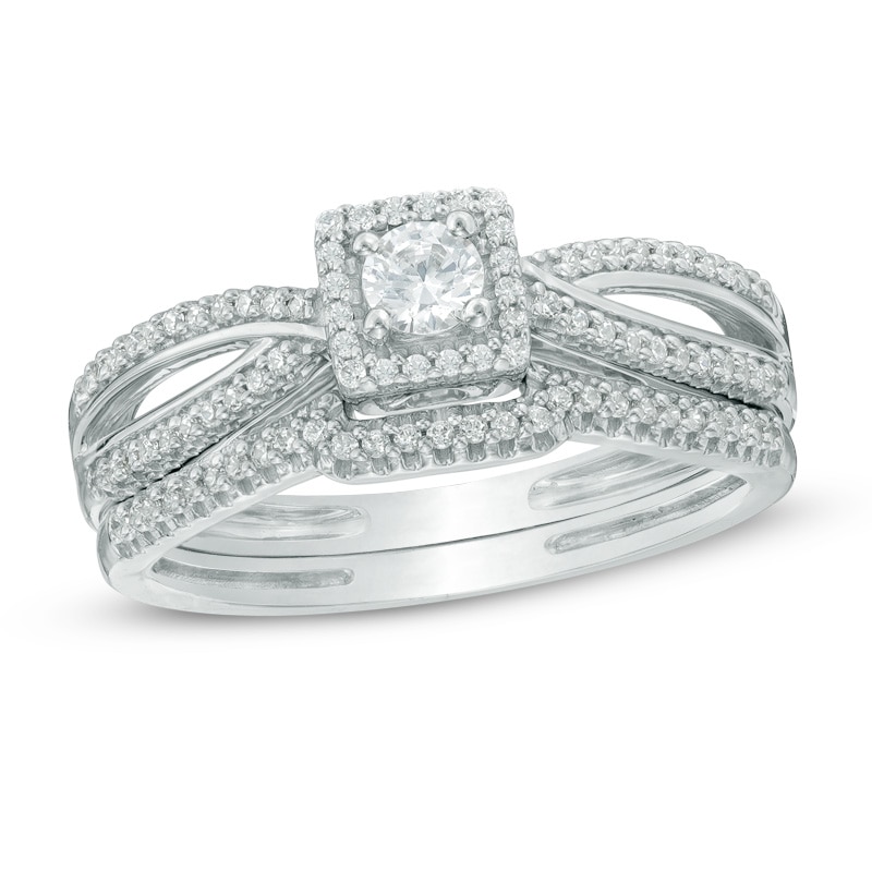 Main Image 1 of Previously Owned - 3/8 CT. T.W. Diamond Square Frame Bridal Set In 10K White Gold