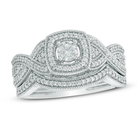 Previously Owned - 1/2 CT. T.w. Diamond Square Frame Twist Shank Bridal Set In 10K White Gold