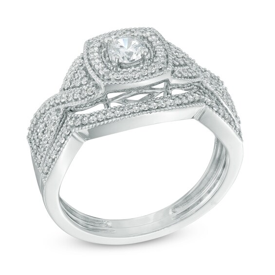 Previously Owned - 1/2 CT. T.w. Diamond Square Frame Twist Shank Bridal Set In 10K White Gold