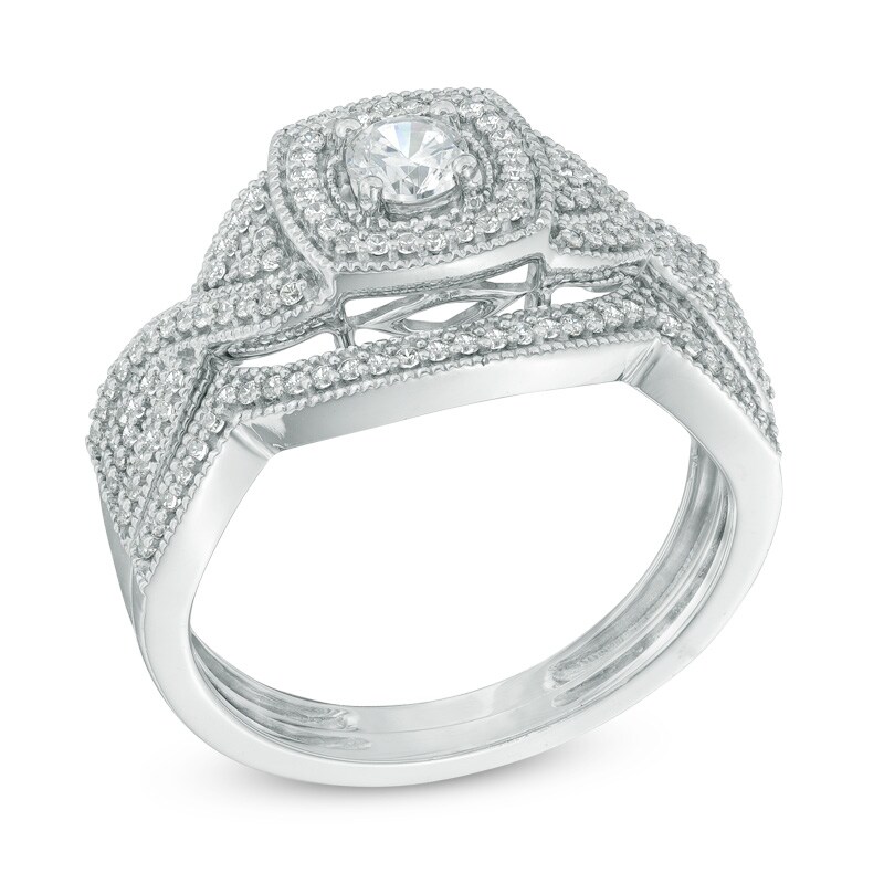 Main Image 2 of Previously Owned - 1/2 CT. T.W. Diamond Square Frame Twist Shank Bridal Set In 10K White Gold