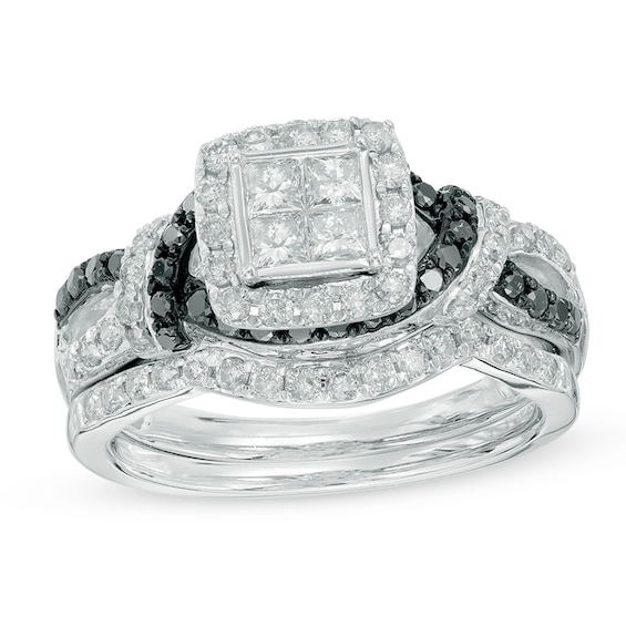 Previously Owned - 1 CT. T.w. Black and White Princess-Cut Quad Diamond Frame Woven Bridal Set in 10K White Gold
