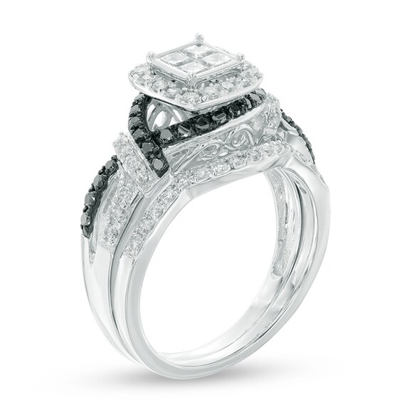 Previously Owned - 1 CT. T.w. Black and White Princess-Cut Quad Diamond Frame Woven Bridal Set in 10K White Gold