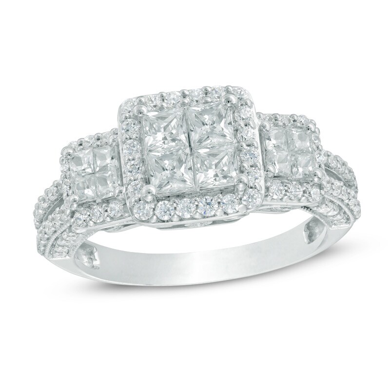 Main Image 1 of Previously Owned - 1-1/2 CT. T.W. Quad Diamond Frame Past Present Future® Engagement Ring in 14K White Gold