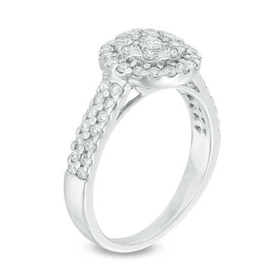Previously Owned - 1 CT. T.w. Composite Diamond Frame Double Row Engagement Ring in 14K White Gold