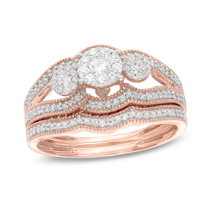 Main Image 1 of Previously Owned - 1/2 CT. T.W. Composite Diamond Three Stone Vintage-Style Bridal Set in 10K Rose Gold