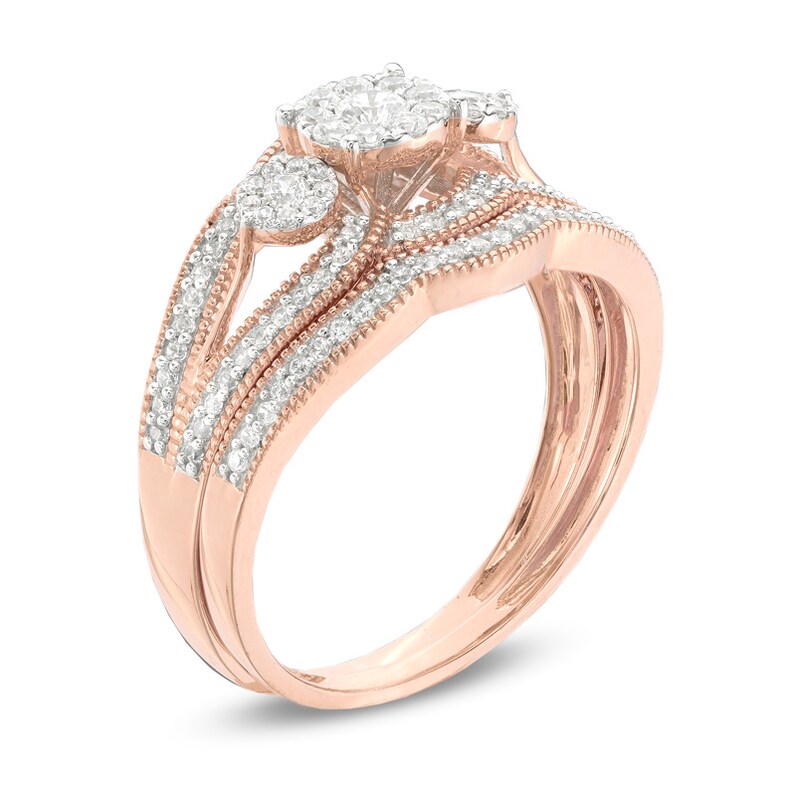 Main Image 2 of Previously Owned - 1/2 CT. T.W. Composite Diamond Three Stone Vintage-Style Bridal Set in 10K Rose Gold