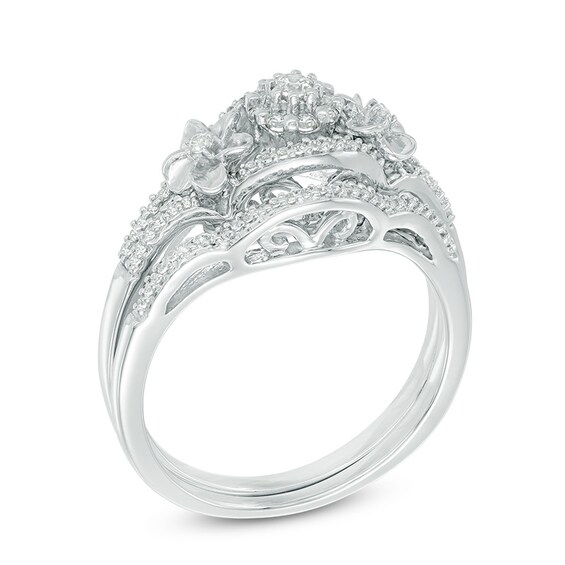 Previously Owned - 1/3 CT. T.w. Composite Diamond Double Flower Bridal Set in 10K White Gold