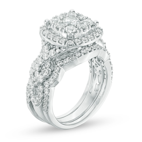 Previously Owned - 2 CT. T.w. Diamond Cushion Frame Three Piece Bridal Set in 14K White Gold