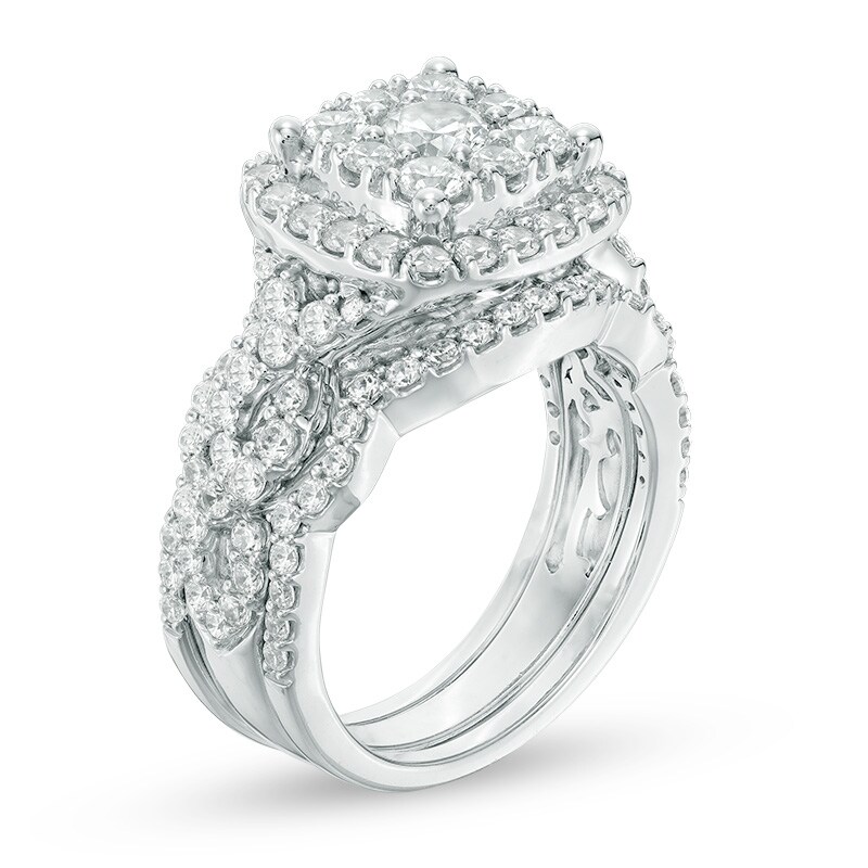 Main Image 2 of Previously Owned - 2 CT. T.W. Diamond Cushion Frame Three Piece Bridal Set in 14K White Gold