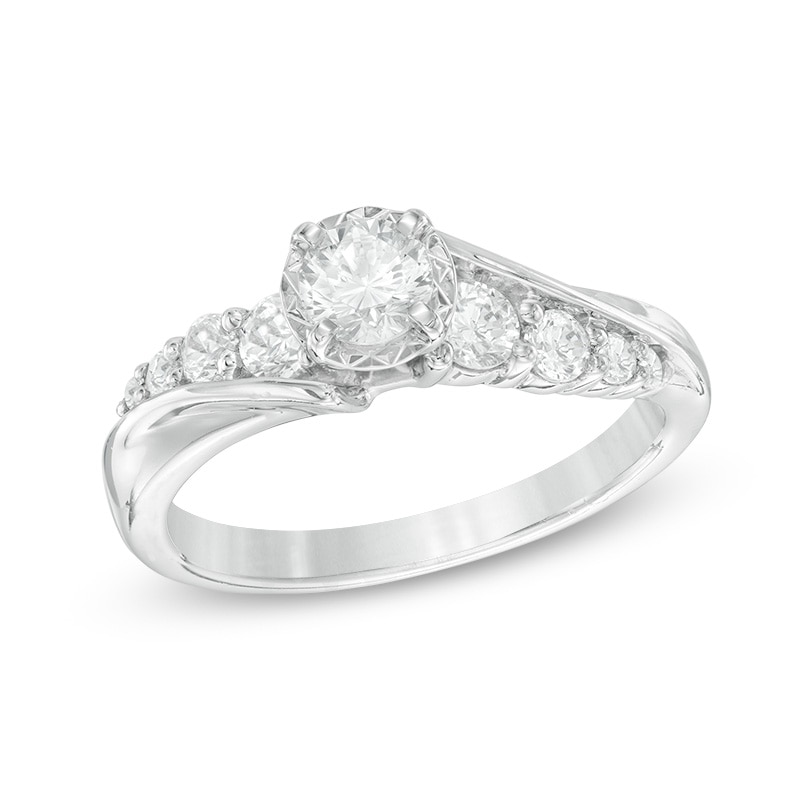 Main Image 1 of Previously Owned - 3/4 CT. T.W. Diamond Slant Engagement Ring in 14K White Gold