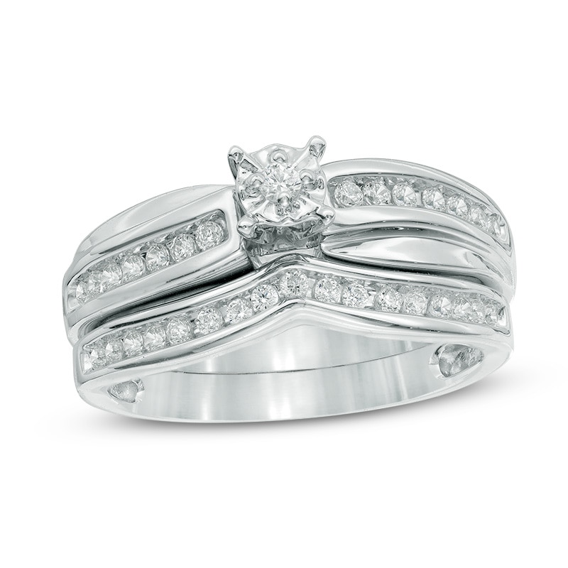 Main Image 1 of Previously Owned - 1/4 CT. T.W. Diamond Chevron Bridal Set in Sterling Silver