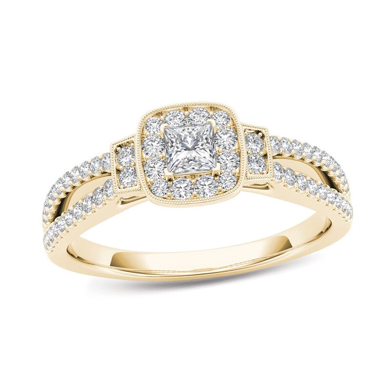 Main Image 1 of Previously Owned - 1/2 CT. T.W. Princess-Cut Diamond Frame Collared Vintage-Style Engagement Ring in 14K Gold