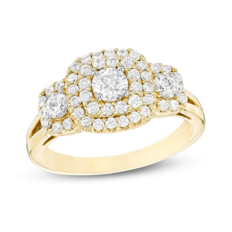 Previously Owned - 1 CT. T.W. Diamond Past Present Future® Double Cushion Frame Engagement Ring in 10K Gold