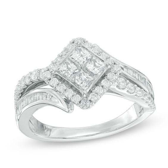 Previously Owned - 1 CT. T.w. Quad Princess-Cut Diamond Bypass Engagement Ring in 10K White Gold