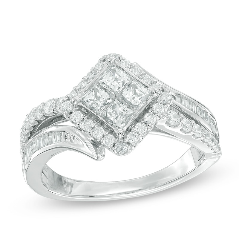 Previously Owned - 1 CT. T.W. Quad Princess-Cut Diamond Bypass Engagement Ring in 10K White Gold