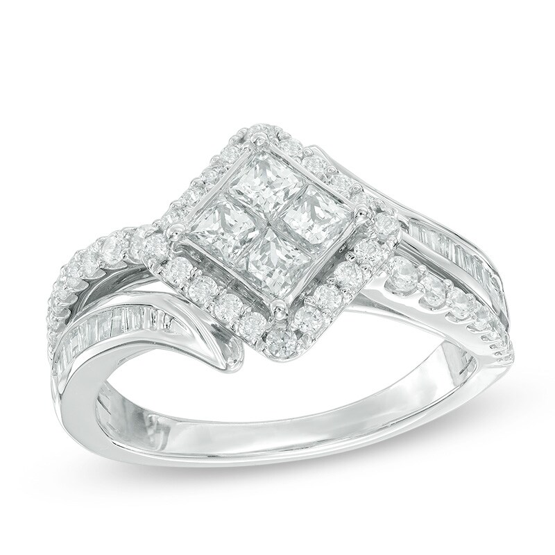 Main Image 1 of Previously Owned - 1 CT. T.W. Quad Princess-Cut Diamond Bypass Engagement Ring in 10K White Gold