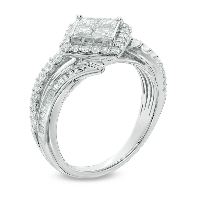 Main Image 2 of Previously Owned - 1 CT. T.W. Quad Princess-Cut Diamond Bypass Engagement Ring in 10K White Gold
