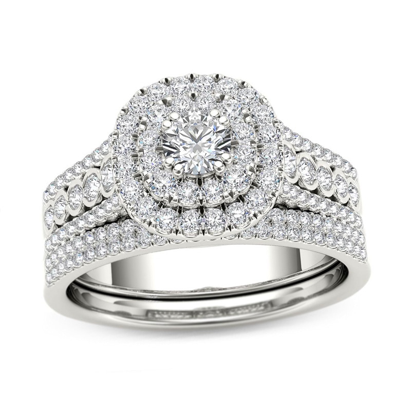 Main Image 1 of Previously Owned - 1 CT. T.W. Diamond Double Cushion Frame Multi-Row Bridal Set in 14K White Gold
