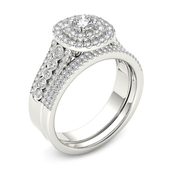 Previously Owned - 1 CT. T.w. Diamond Double Cushion Frame Multi-Row Bridal Set in 14K White Gold