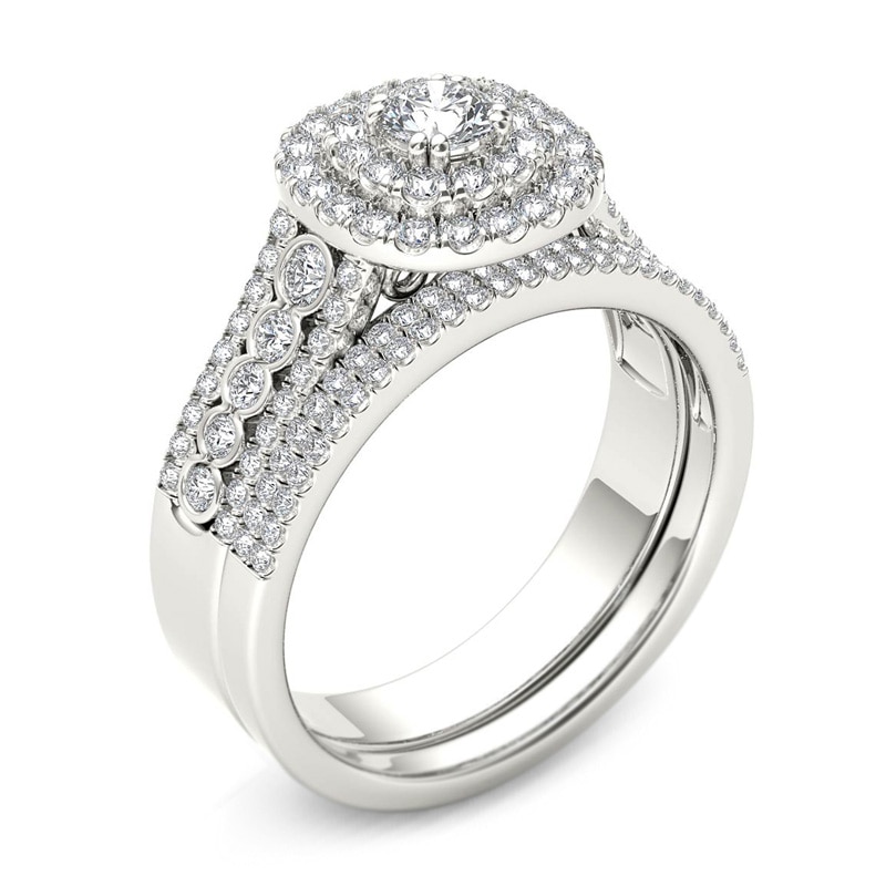 Main Image 2 of Previously Owned - 1 CT. T.W. Diamond Double Cushion Frame Multi-Row Bridal Set in 14K White Gold