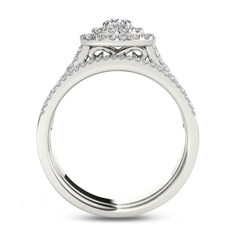 Main Image 3 of Previously Owned - 1 CT. T.W. Diamond Double Cushion Frame Multi-Row Bridal Set in 14K White Gold