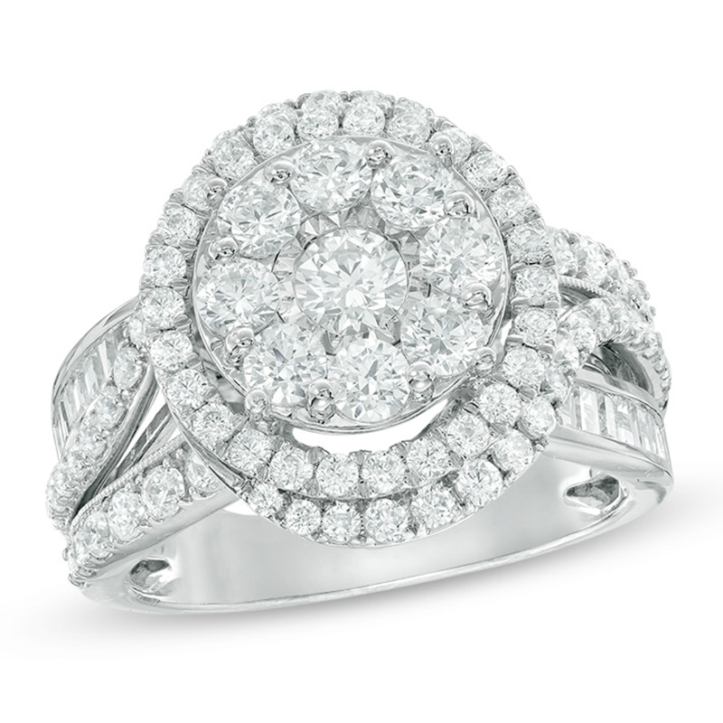 Main Image 1 of Previously Owned - 2 CT. T.W. Composite Diamond Frame Split Shank Engagement Ring in 14K White Gold