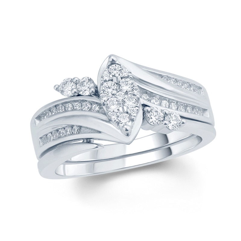 Main Image 1 of Previously Owned - 1/2 CT. T.W. Composite Diamond Marquise Bypass Bridal Set in 10K White Gold