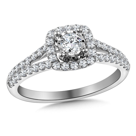 Previously Owned - 5/8 CT. T.w. Diamond Cushion Frame Split Shank Engagement Ring in 10K White Gold