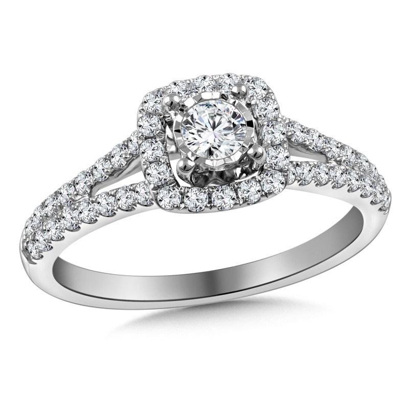 Main Image 1 of Previously Owned - 5/8 CT. T.W. Diamond Cushion Frame Split Shank Engagement Ring in 10K White Gold