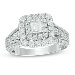 Previously Owned - 1-1/2 CT. T.W. Princess-Cut Diamond Double Frame Vintage-Style Engagement Ring in 14K White Gold