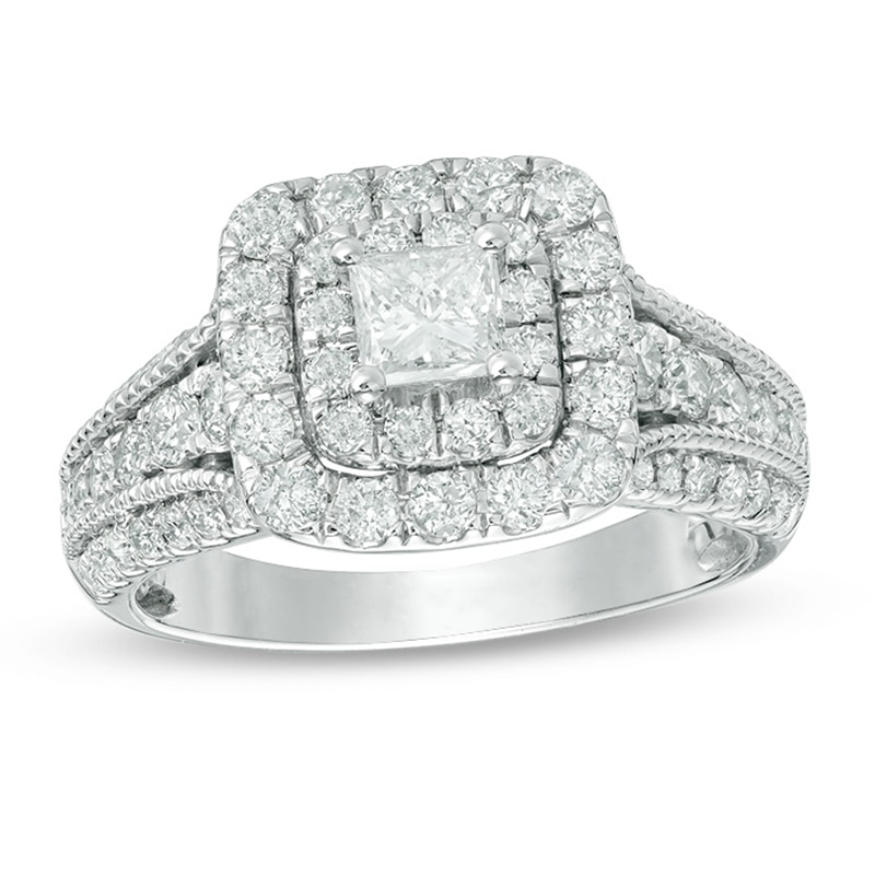 Main Image 1 of Previously Owned - 1-1/2 CT. T.W. Princess-Cut Diamond Double Frame Vintage-Style Engagement Ring in 14K White Gold